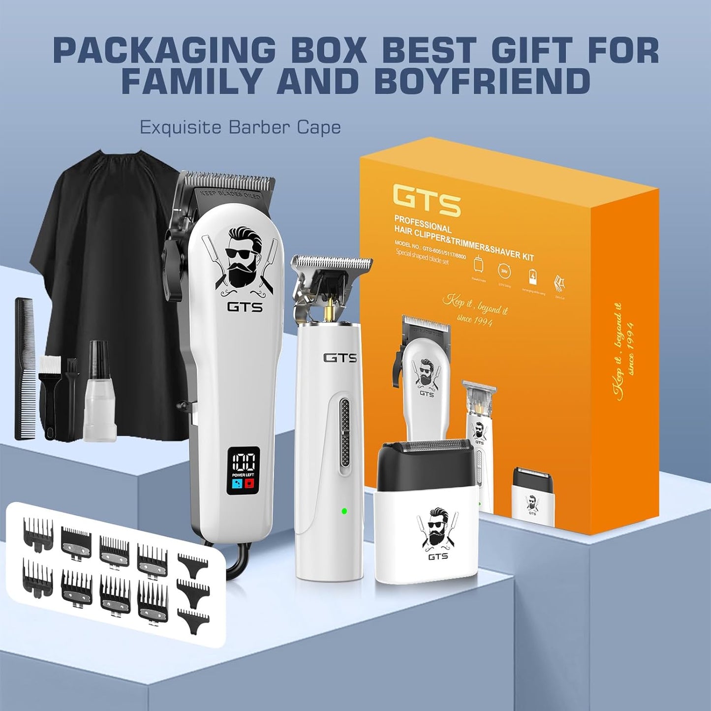 Professional Hair Clippers for Men - Cordless Haircut Kit with Beard Trimmer & IPX7 Shaver | Rechargeable, LED Display, Home Use, White