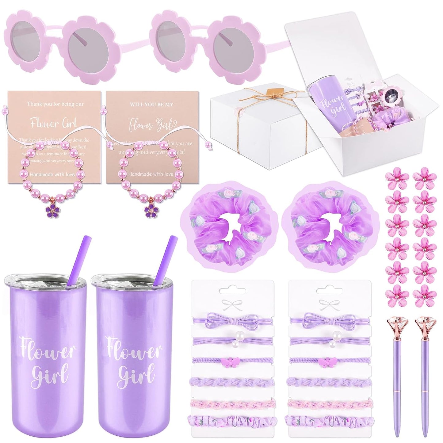 Flower Girl Proposal Gifts Set - 40pcs White Tumbler, Sunglasses, Pearl Bracelet & More | Perfect for Little Girls