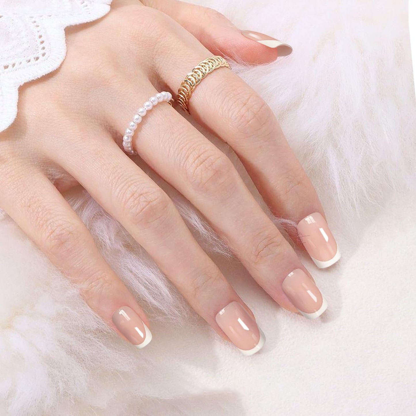 Press On Nails Short, French Round Nails Manicure Gifts for Women, Glossy, Semi-Transparent, Reusable | 16 Sizes - 32 Nails with Nail Adhesive Tabs