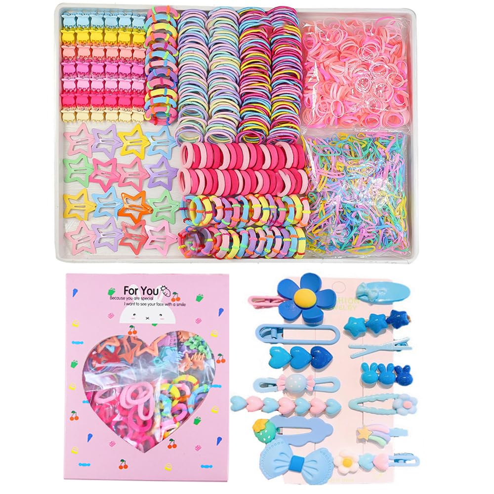 Elastic Hair Ties for Girls - 889 Pcs Colorful Rubber Bands Set with 14 Cute Hair Clips