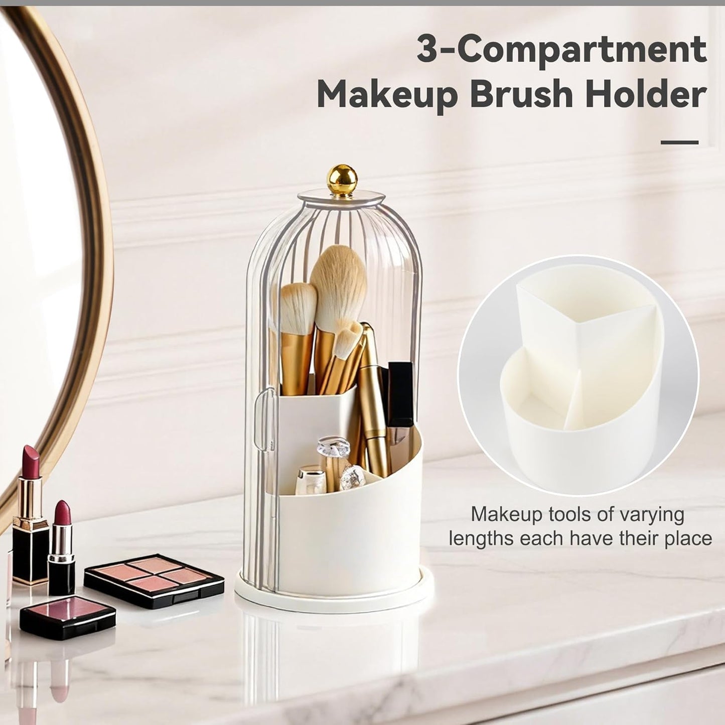 360° Rotating Makeup Brush Holder - Waterproof Three-Compartment Organizer | Dustproof Vanity Storage (Transparent)