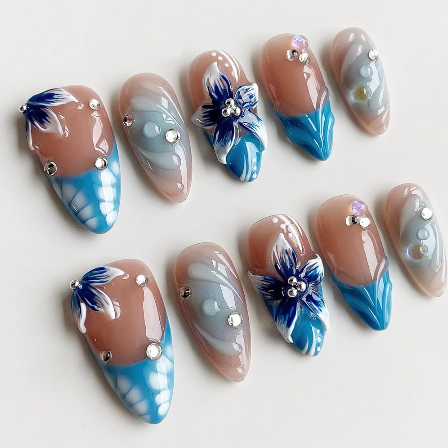 3D Pink Flower Press-On Nails - Nude Pink Gradient French Tip | Medium Almond, Reusable 30 Pcs for Weddings