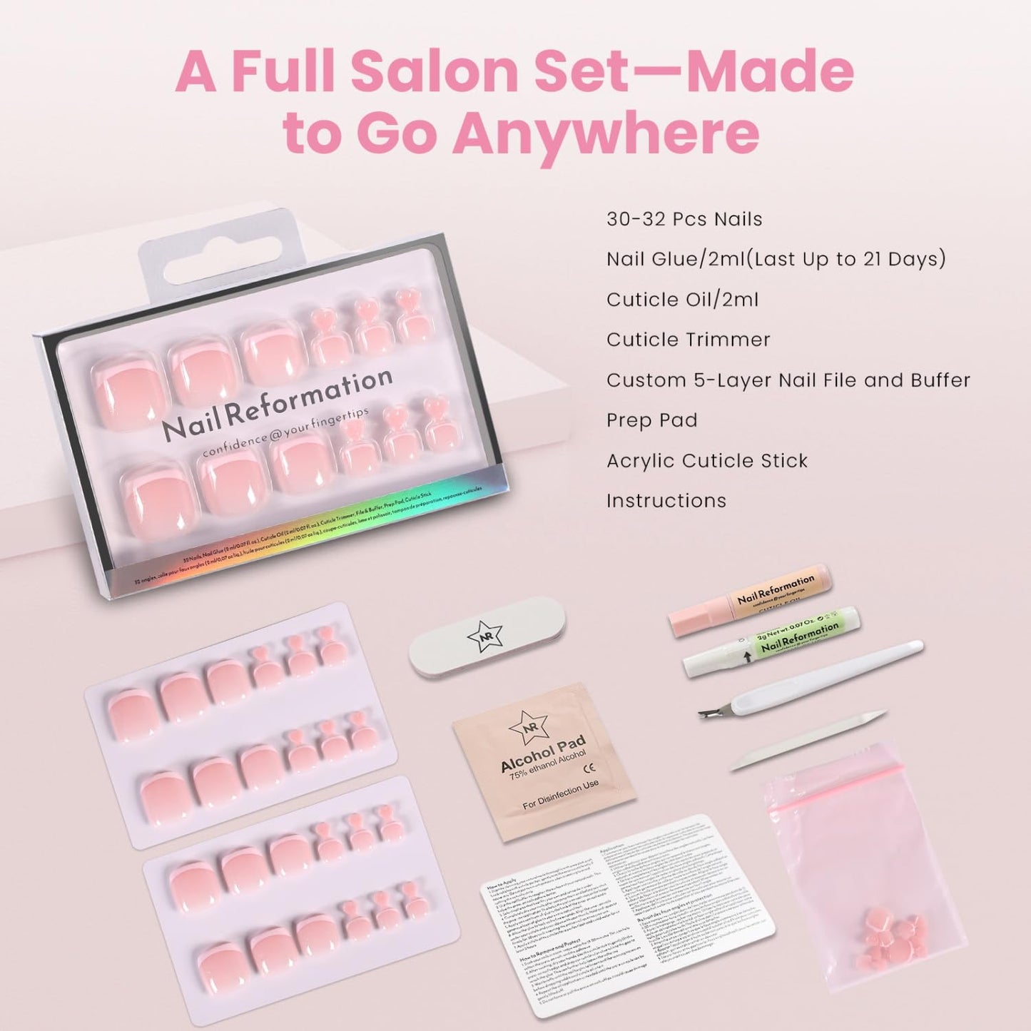 Press On Toenails - Ballet Pink Sheer Shimmer Short Square Fake Nails | Reusable Pedicure Kit, 32 Pcs in 16 Sizes for Summer