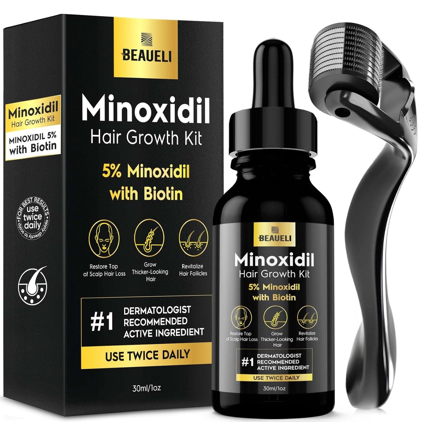 Minoxidil Beard Growth Kit for Men & Women - Hair Regrowth Treatment 5% | Black