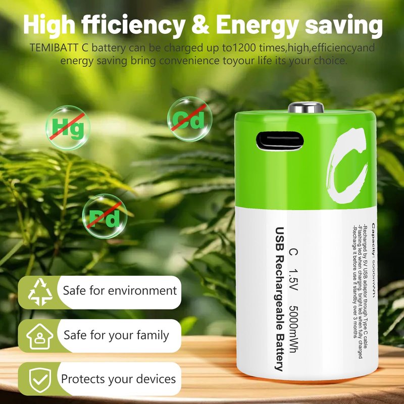 letoom C Batteries Rechargeable with USB 4 in 1 Cable 8 Pack C Size Cell Lithium Batteries LR14 5000mWh 1.5V Li-ion Power for Long-Lasting Use in Floodlights
