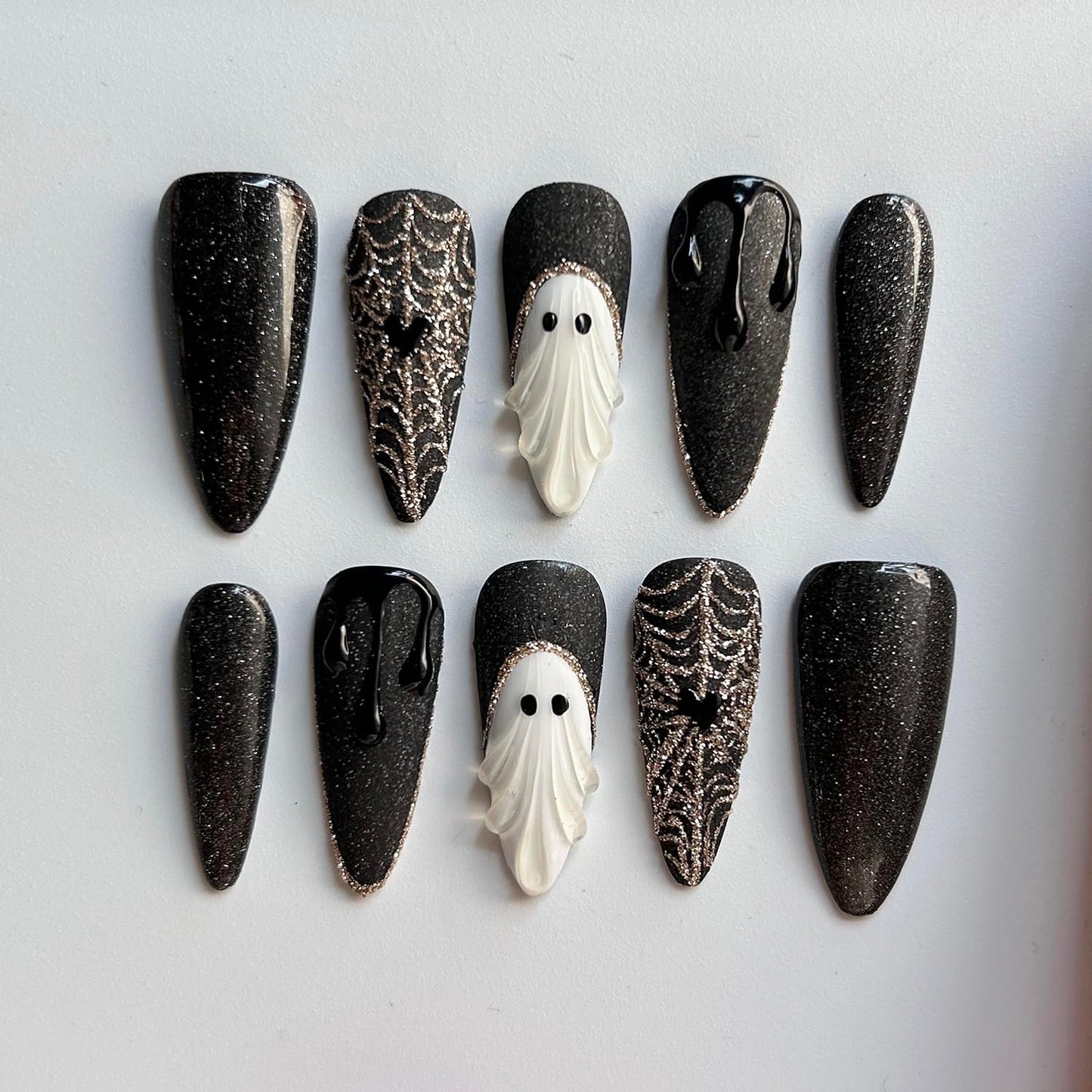 Press On Almond Nails - Handmade 3D Design, Thick Acrylic Gel | Reusable DIY Artificial Nails for Women (10 Pieces)
