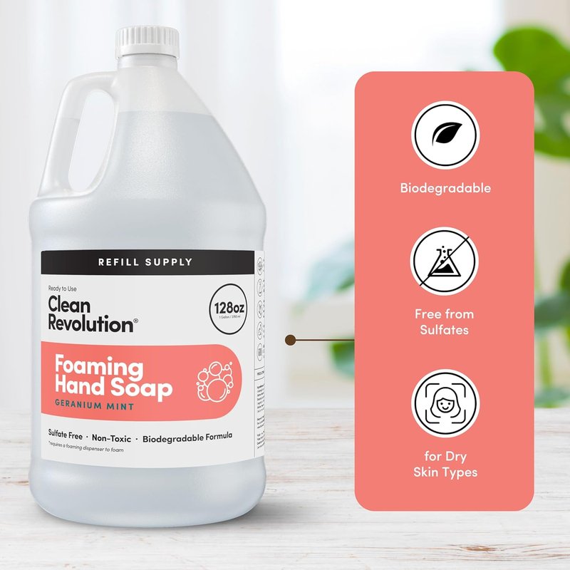 Foaming Hand Soap - Gentle & Moisturizing with Essential Oils | Geranium Mint, 128 Fl Oz