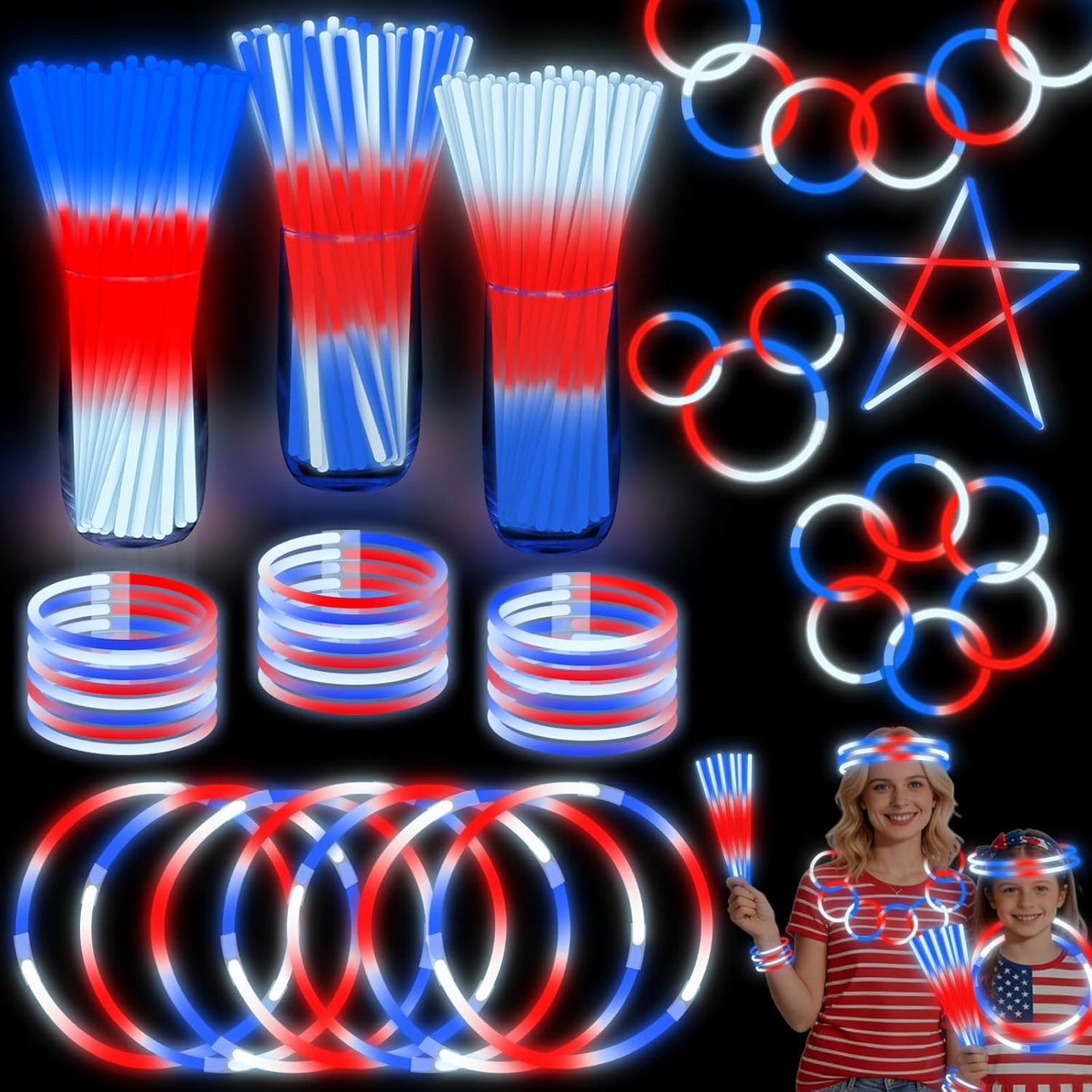 Glow Sticks for 4th of July | 200 Pcs Neon Party Favors with Connectors - Red, White, Blue Bracelets & Necklaces