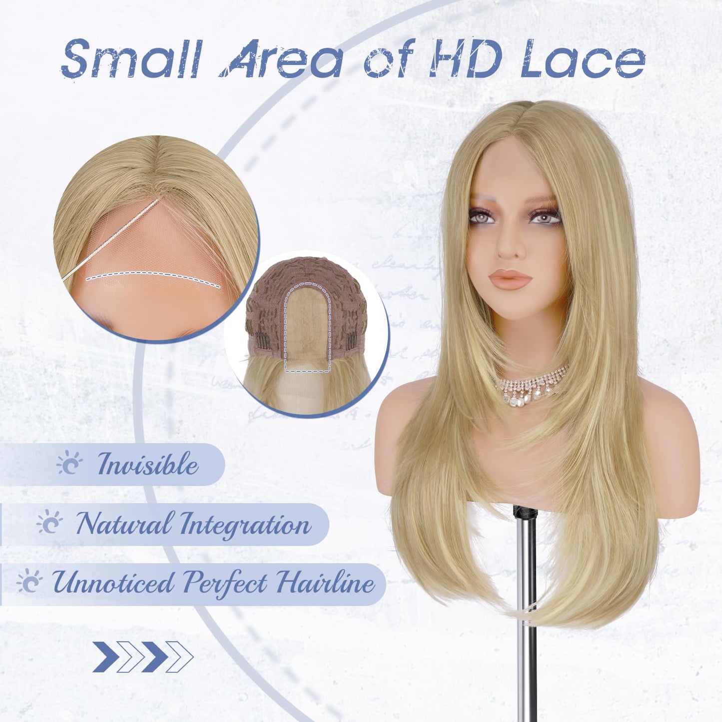 Haloo Blonde Wig with Curtain Bangs - Lace Front Hairline Middle Part Long Layered Natural Looking Straight Synthetic Hair Wigs for Women Daily Party, 24 Inch Dirty Blonde