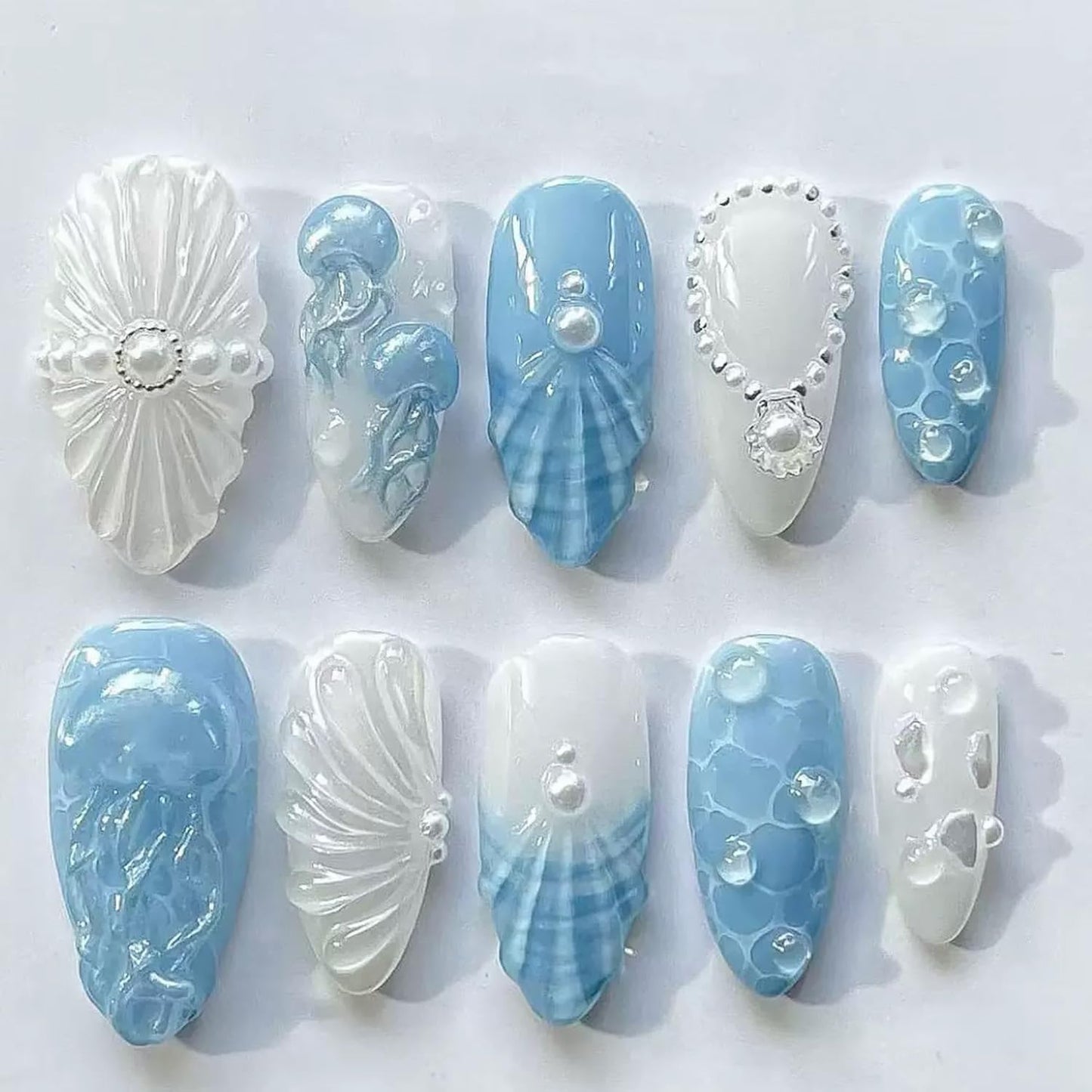 Summer Beach Press-On Nails Set - 24Pcs Medium Almond Floral Design with 3D Starfish & Seashell | Full Cover Ocean Manicure for Women