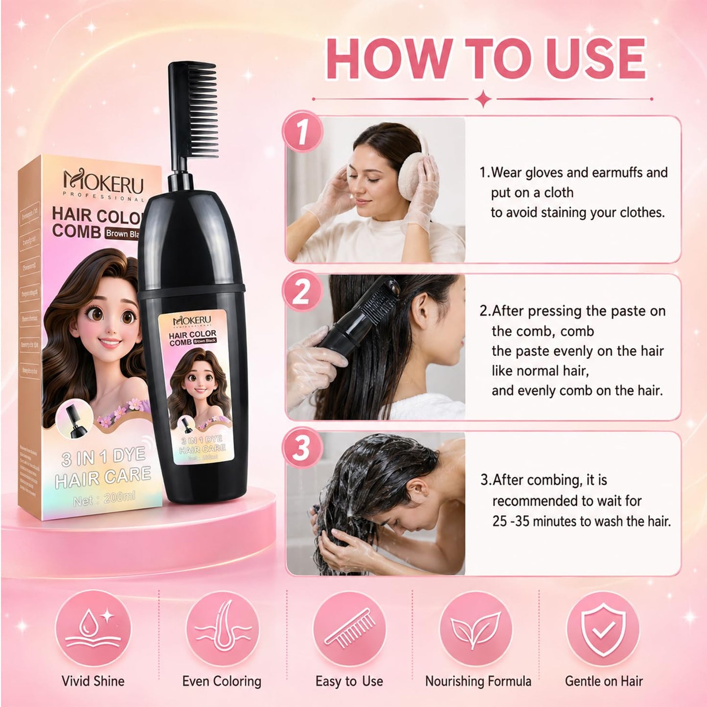 3-In-1 Herbal Hair Coloring Comb | Easy Hair Coloring At Home With Built-In Brush – No Mix, Ammonia-Free, Covers Grays & Nourishes with Argan Oil & Ginseng Suitable for All Hairstyles & Age (200ml)
