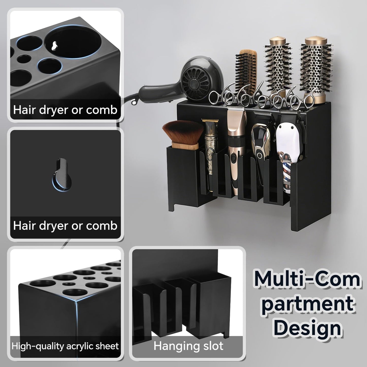 CGBARBER Wall Mounted Hair Clipper Storage Rack, Multi-Slot Hair Styling Tool Organizer Holder for Barbers, Heavy Duty Holder for Hair Dryer, Brush & Trimmer - Black