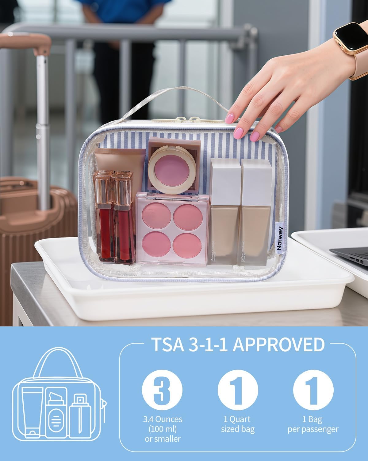 Clear Toiletry Bag - TSA Approved Waterproof PVC Makeup Organizer | Compact Quart Size (Greyish Blue Stripe)