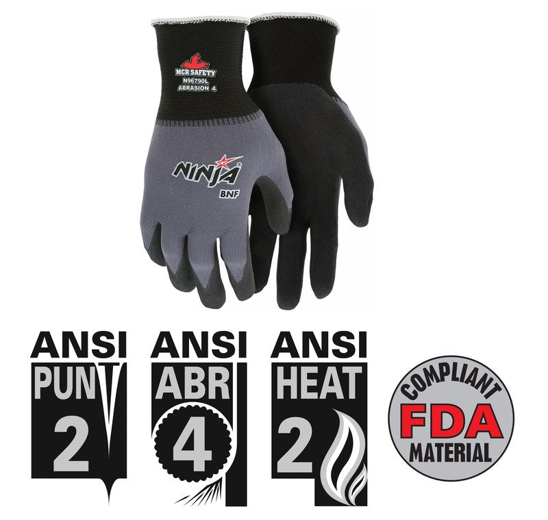 MCR Safety Ninja BNF N96790L Work Glove, 15 Gauge Nylon/Spandex Shell, Breathable Nitrile Foam (BNF) Coated Palm & Fingertips, Large, Black / Gray, Grey