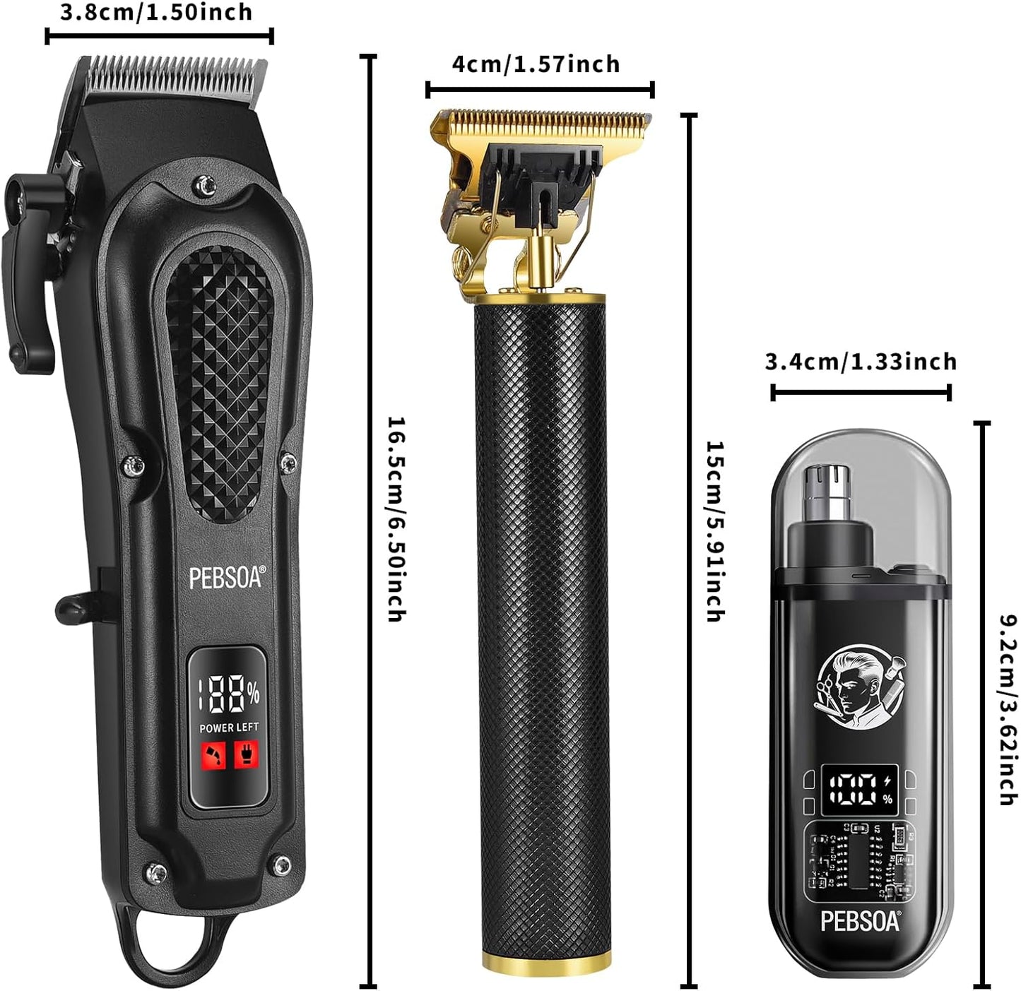 Professional Men's Hair Trimmer Set - Cordless Clippers with T-Shaped & Nose Hair Trimmer | LCD Battery Display, Black