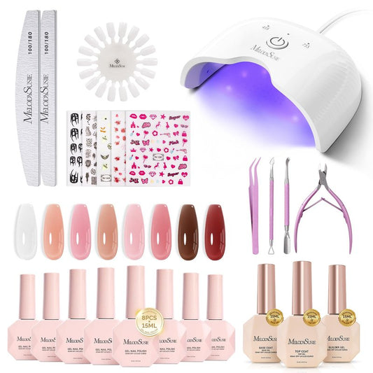 MelodySusie Gel Nail Polish Kit with UV Light P-ART06F- Popular Color Jelly Gel with Builder and Baser &Glossy Top Coat Soak Off Includes Nail Art Tools Nail Art Gift for Women & Girls