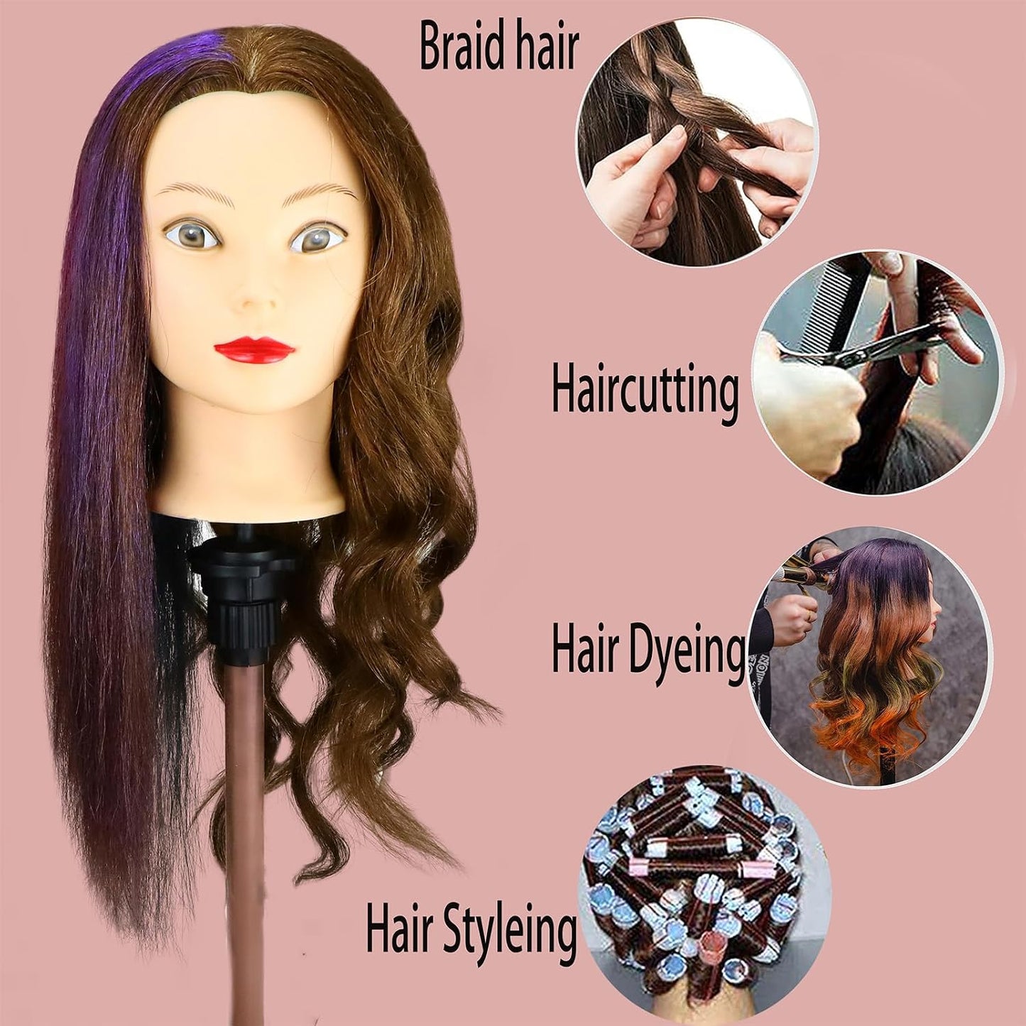 Mannequin Head - 100% Real Hair Cosmetology Training Doll | 20" Nature Brown with Clamp & Comb