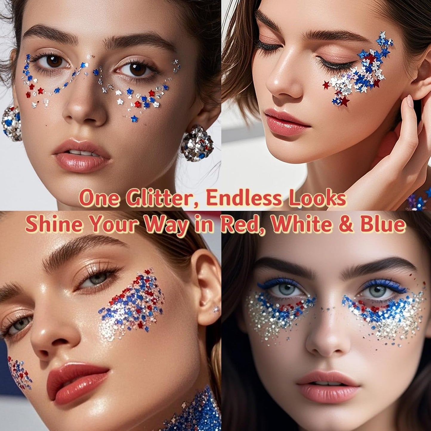 Patriotic Body Glitter Set - Red, White & Blue USA Flag Face Glitter with Glue | 4 Holographic Jars for 4th of July Outfits
