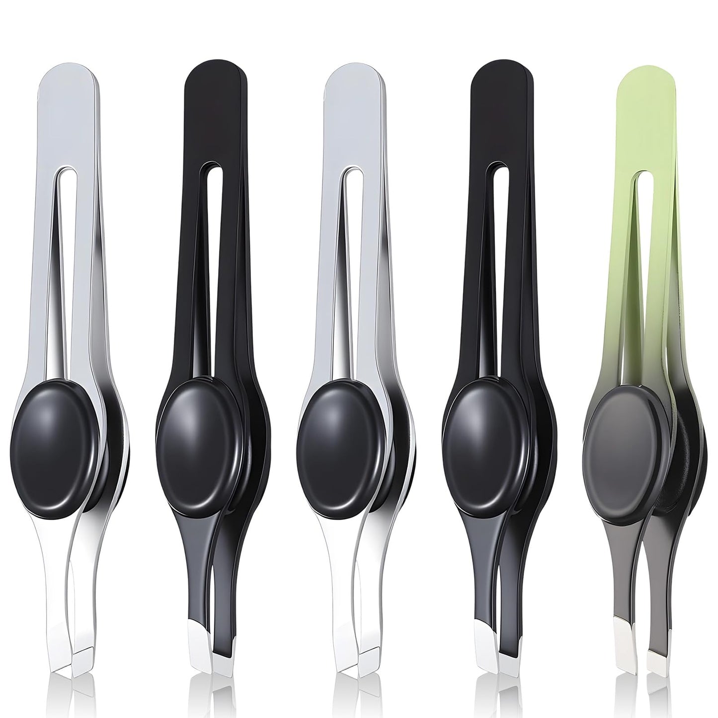 5Pcs Eyebrow Tweezer with Grips Tweezers for Women Facial Hair Ingrown Slant Tip Non Slip Stainless Steel Hair Tweezer with Non-Slip Grip, Black, Silver, Green