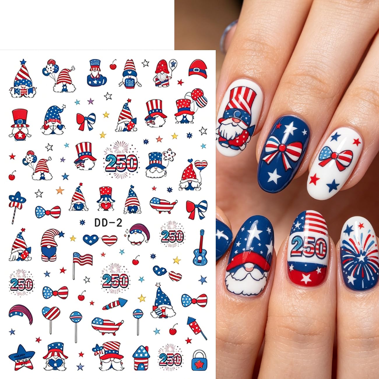 6Sheets 4th of July Nail Stickers 3D Self-Adhesive Independence Day Patriotic Nail Decals Red White Blue Star Heart USA Flag Nail Art Stickers for Women Fourth of July Nail Art Design Party Decoration
