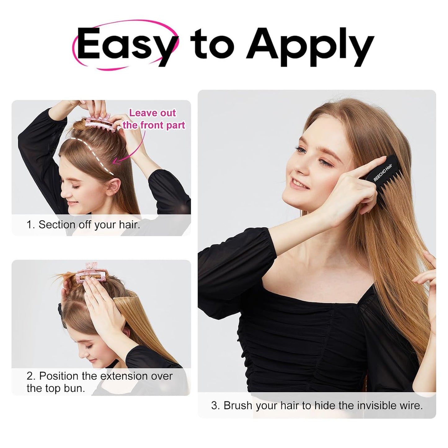 Invisible Wire Hair Extensions - Adjustable Transparent Headband with Secure Clips | Natural Black Hairpiece for Women