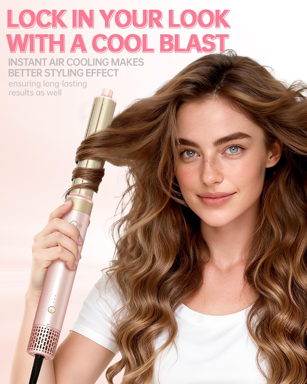 Hair Dryer Brush 8-in-1 Hot Air Styler | Fast-Drying Ionic Blow Dryer with Straightener & Curler Attachments - Pink