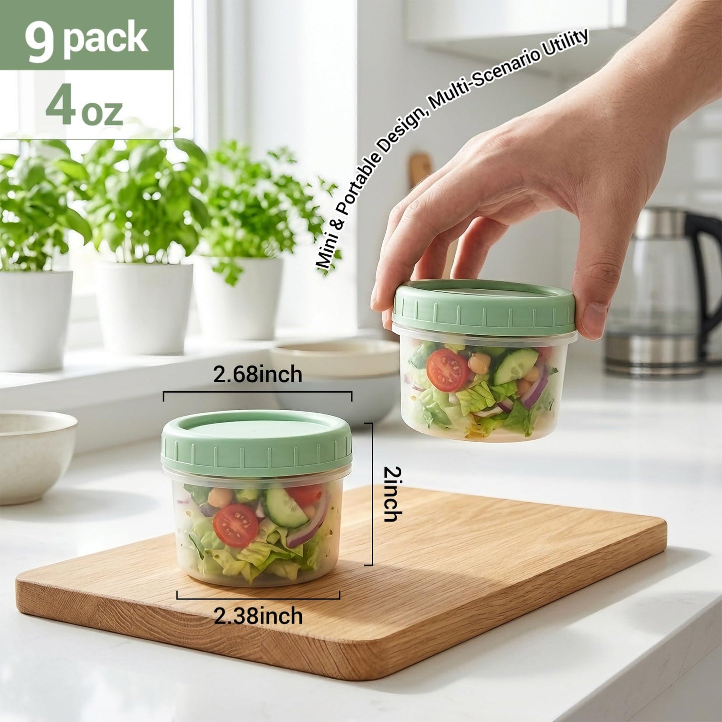 METAPACK 9 Pack 4 oz Food Storage Containers with Twist Lids, BPA-Free Plastic Portion Cups with Labels, Reusable Snack Containers for Sauces, Dips, Meal Prep, Microwave Dishwasher Freezer Safe