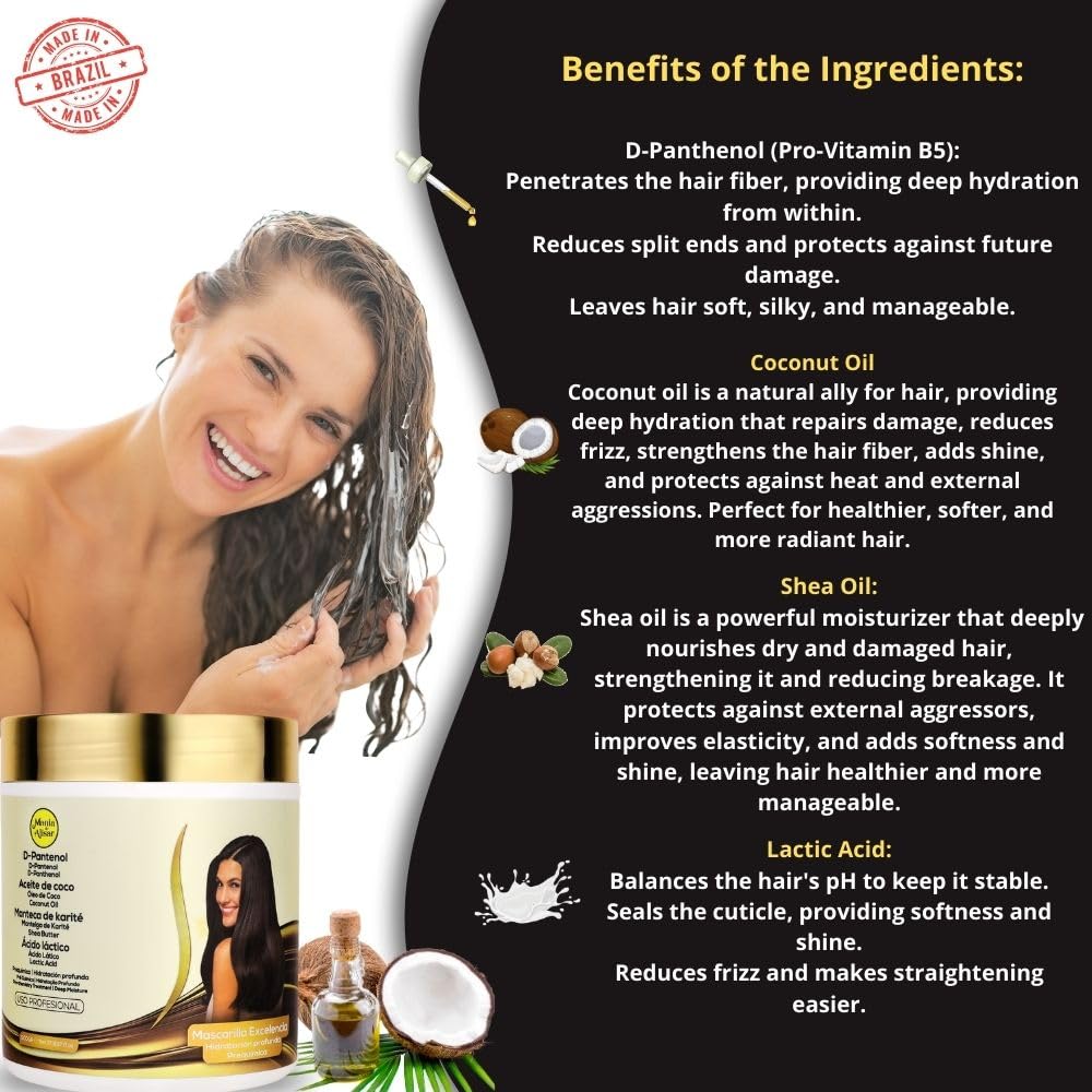 Mania de Alisar Deep hydration mask kit with hair acidifier, D-Panthenol, Coconut Oil, Shea Butter (17 fl.oz / 500 g)