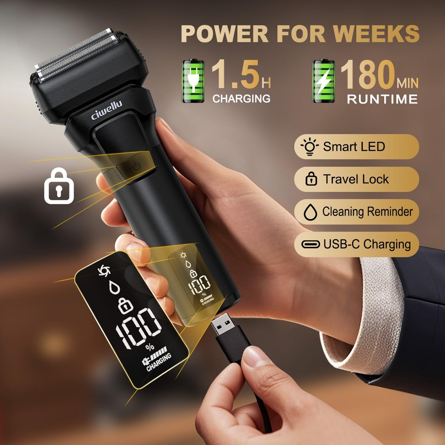 Foil Shaver for Men with Pop-Up Trimmer, 9000 RPM Electric Razor for Men's Face Close Shave, Cordless Wet/Dry Shaver for Sensitive Skin, USB-C Rechargeable &180 Min Runtime,Metal Body, Travel Lock