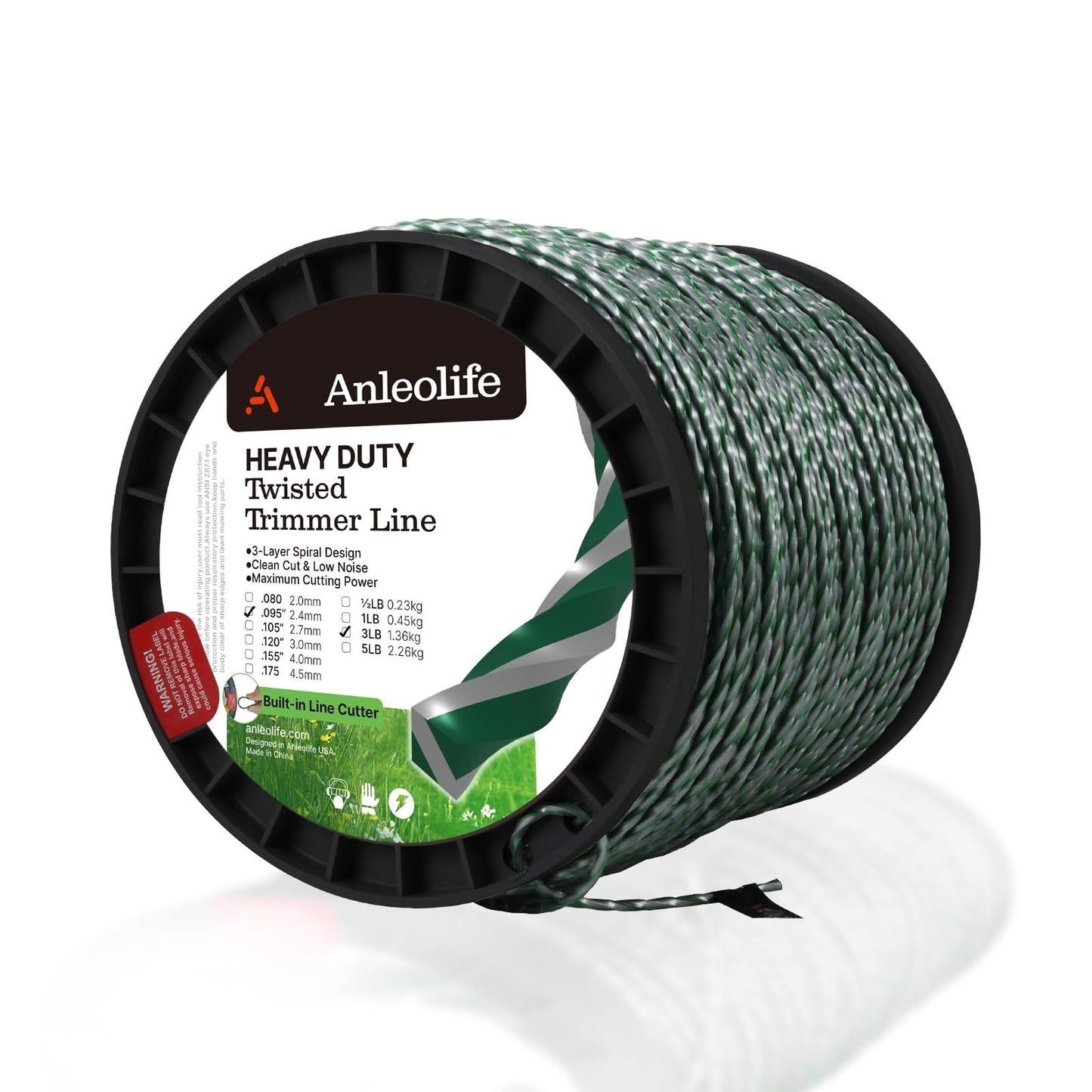A ANLEOLIFE 3-Pound Heavy Duty Twisted .095-inch-by-1181-ft Dual Core String Spiral Trimmer Line Spool,with Built-in Line Cutter