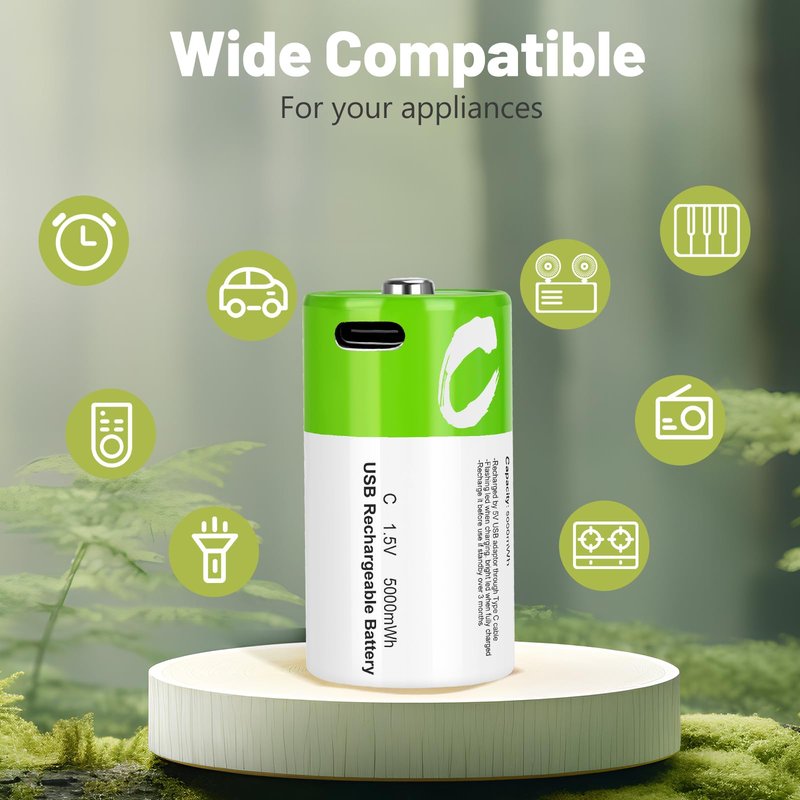 letoom C Batteries Rechargeable with USB 4 in 1 Cable 8 Pack C Size Cell Lithium Batteries LR14 5000mWh 1.5V Li-ion Power for Long-Lasting Use in Floodlights
