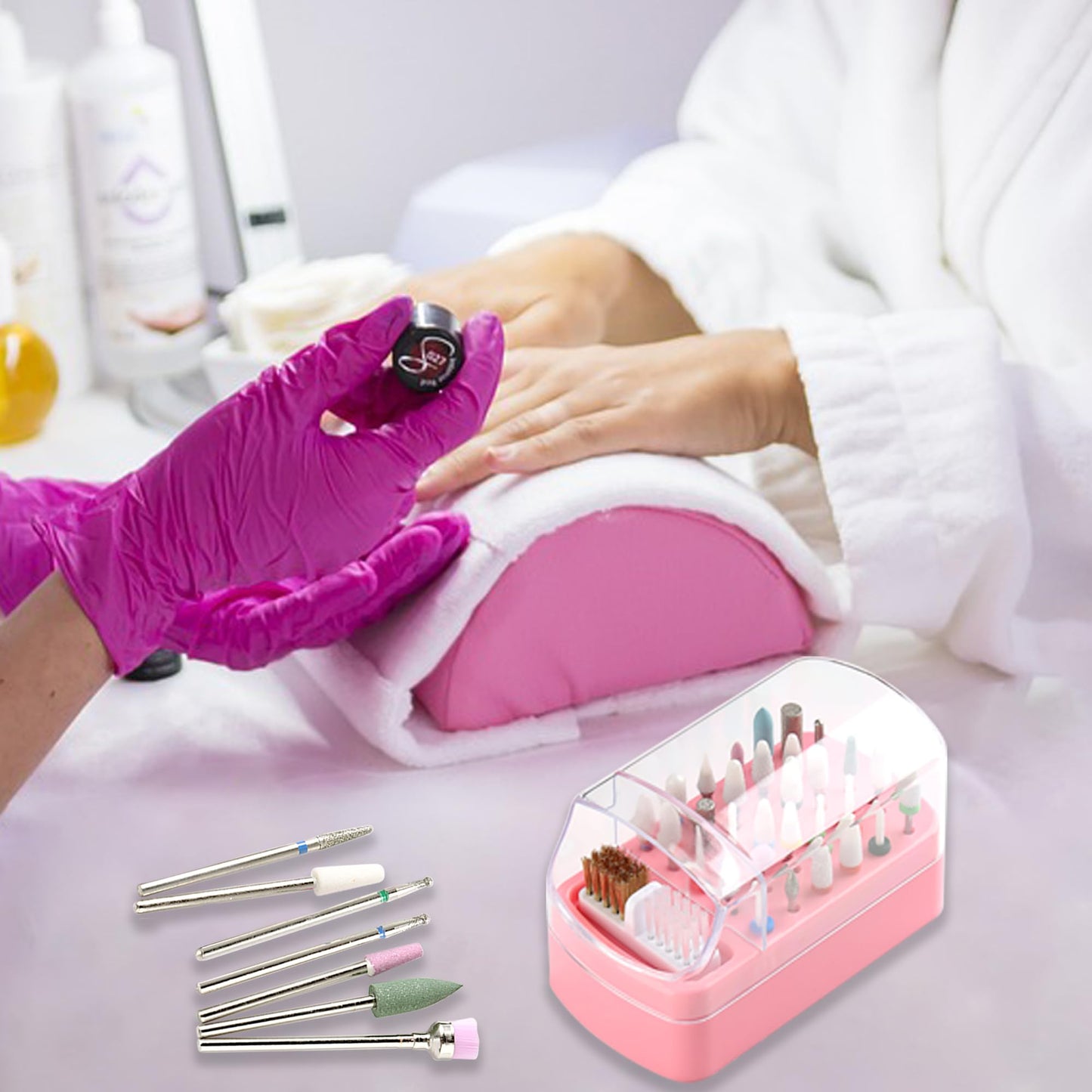 FSpronail Nail Bit Holder & Nail Drill Bit Cleaner 2 in 1, 30 Holes Nail Drill Holder Organizer Nail Bit Brush Cleaner Drill Bit Holder for Nails Dustproof Stand Displayer Storage Box Tools