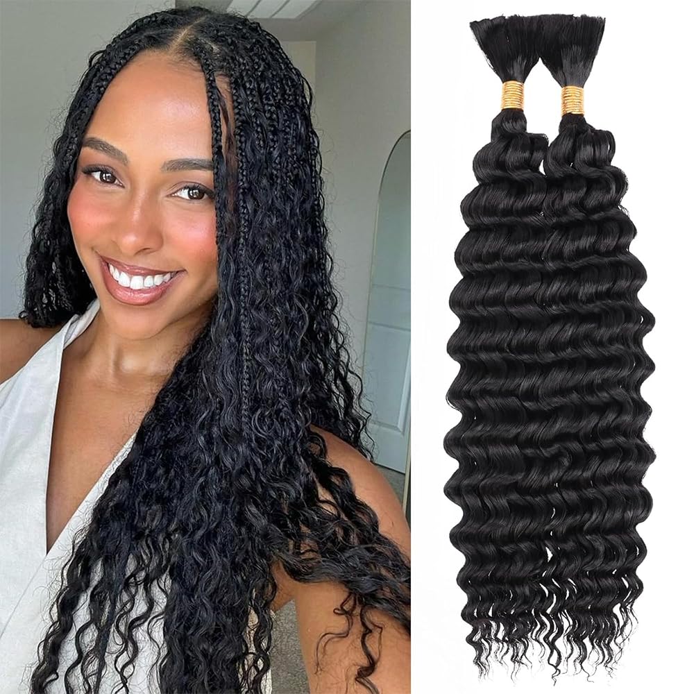 Human Braiding Hair for Boho Braids 100g 22 Inch Curly Boho Human Hair for Braiding Knotless 12A Deep Wave Bulk Bohemian 2 Bundles/Pack Natural Color