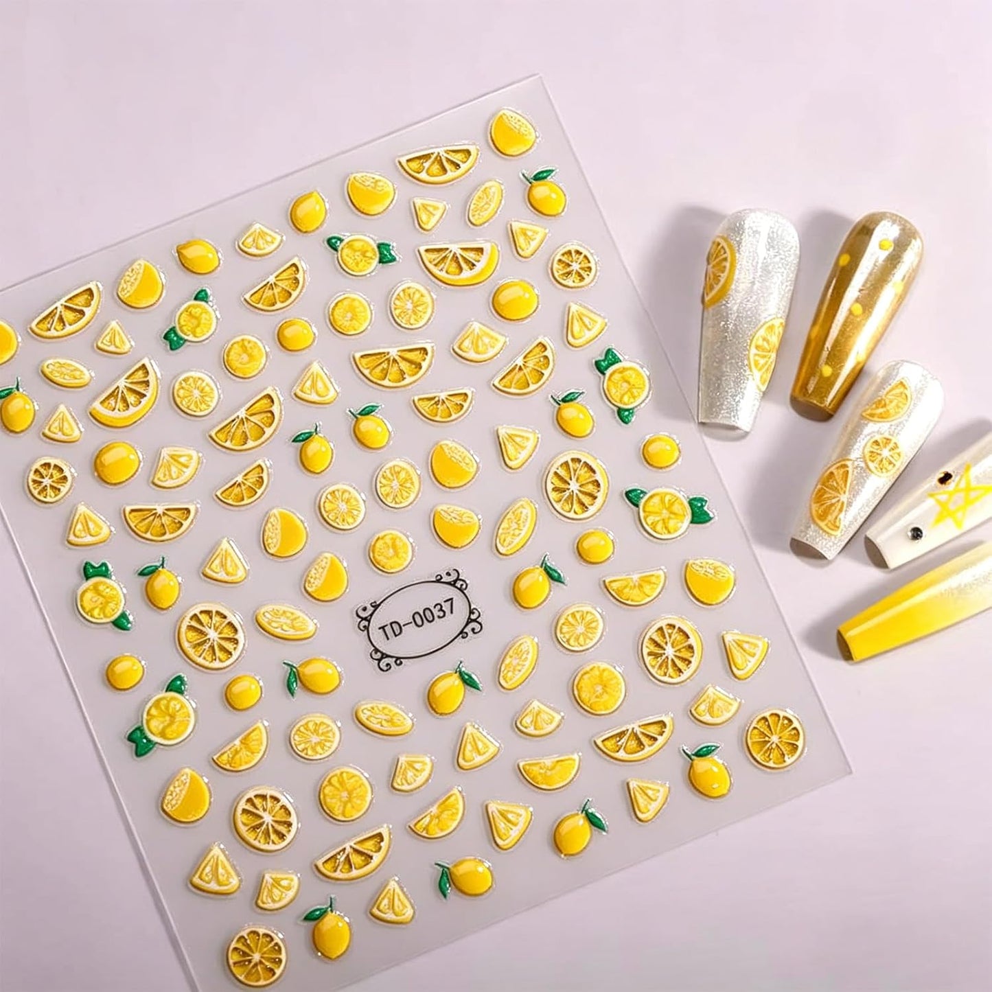 Lemon Nail Stickers - 5D Embossed Summer Fruit Slice Nail Art Decals | Cute Yellow Design for DIY Manicure