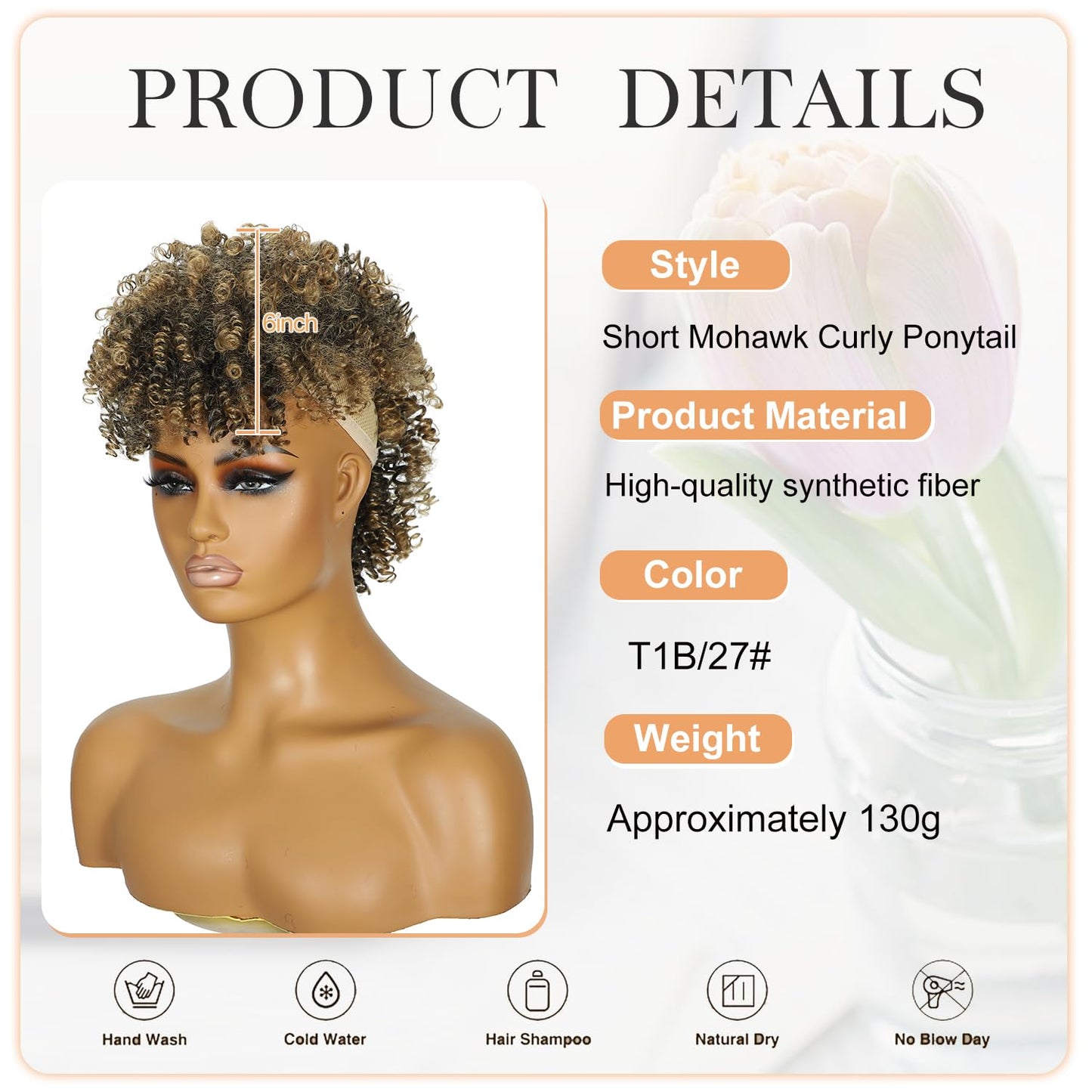 Kinky Curly Blonde Mohawk Wig - Short Synthetic Clip-On Ponytail Extension | Fluffy Hair for Daily & Party Use 1B/27