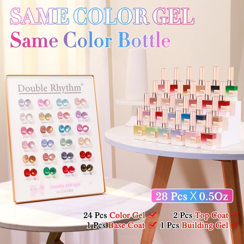 Double Rhythm 28Pcs 0.5Oz Cat Eye Gel Nail Polish Set Same Color Same Bottle Magnetic Gel Polish Kit Nail Art Manicure Salon DIY at Home (Silver Gold Red Black-T24-7)