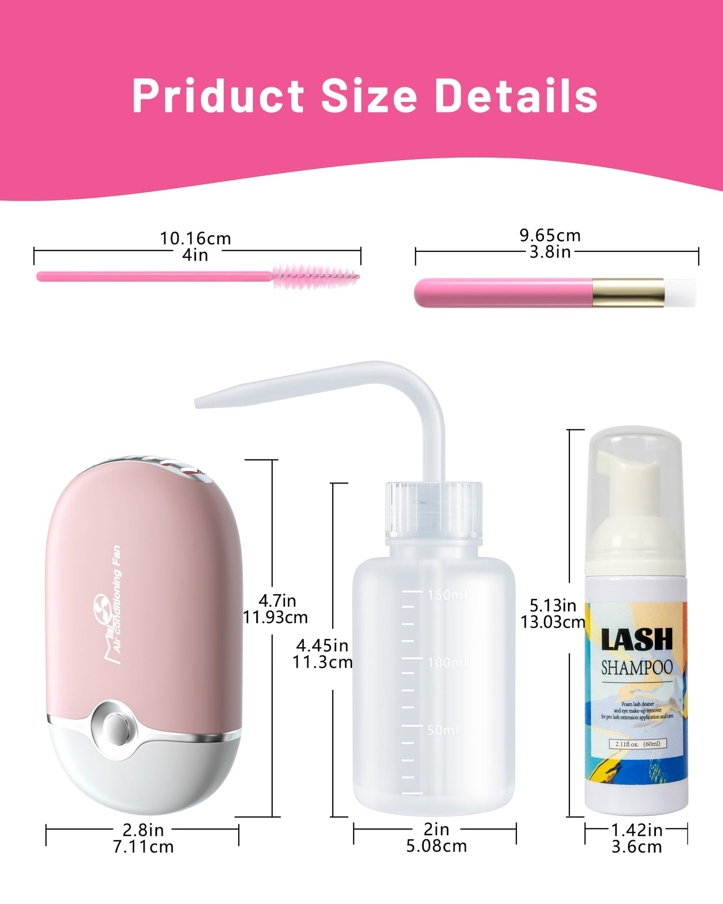 Buqikma Lash Shampoo - 60ML Lash Cleanser with Fan Brush, Rinse Bottle and 50 Pcs Mascara Brush, Rich Foam Wash for Eyelash Extensions at Home (Pink)