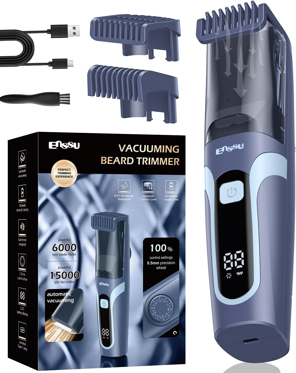 Beard Trimmer for Men - Rechargeable Electric Vacuum Trimmer with 2 Combs & 1-20mm Adjustable Length | Waterproof Cordless Mustache Trimmer
