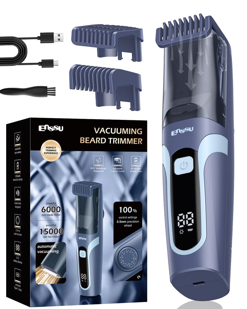 ENNSU Vaccum Beard Trimmer for Men, Rechargeable Electric Men Beard Trimmers with 2 Combs, 1-20mm Adjustable Length Dial, Waterproof Cordless Mustache Trimmer for Face, Stubble, Blue