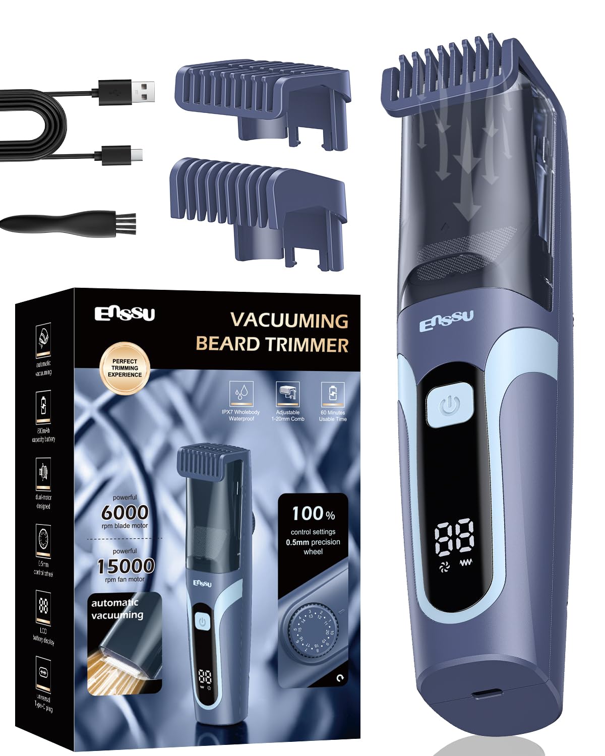 ENSSU Beard Trimmer for Men Auto-Vacuum, Rechargeable Electric Men Beard Trimmers with 2 Combs, 1-20mm Adjustable Length Dial, Waterproof Cordless Mustache Trimmer for Face, Stubble,Blue