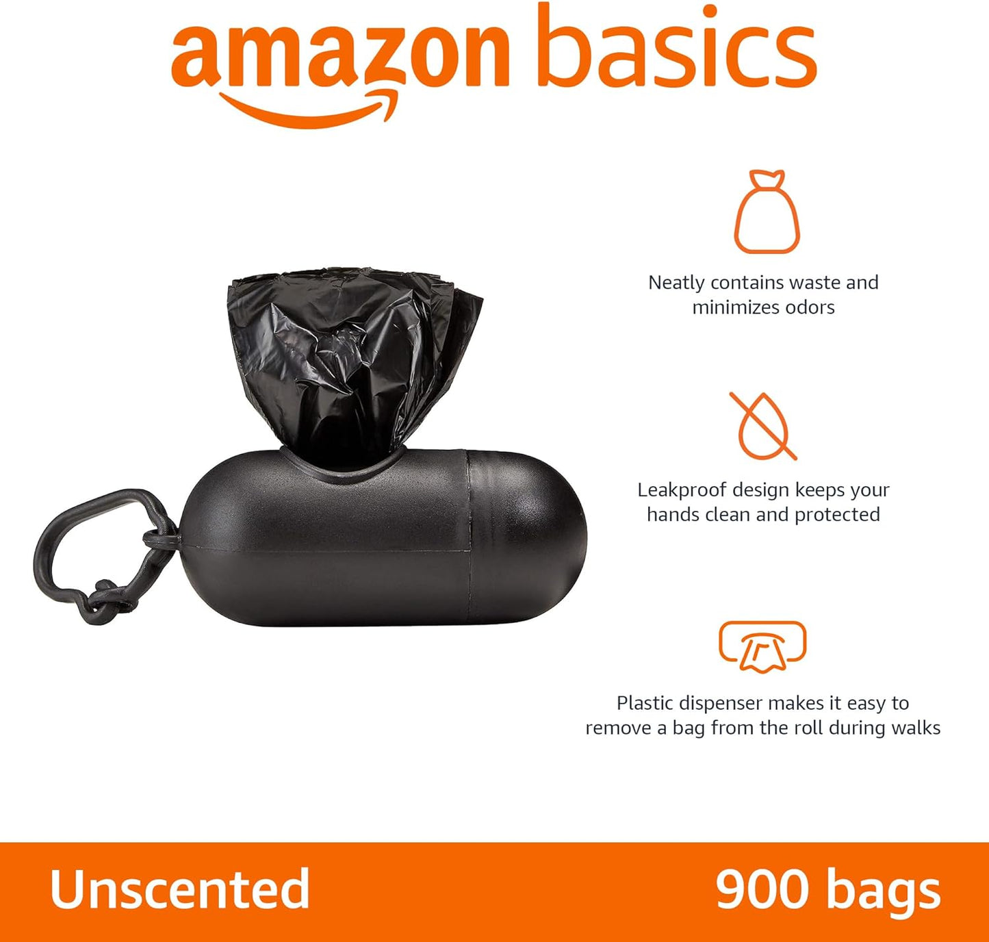 Dog Poop Bags - Leak Proof Waste Disposal Bags with Dispenser & Leash Clip | Unscented, 900 Count (60 Rolls)
