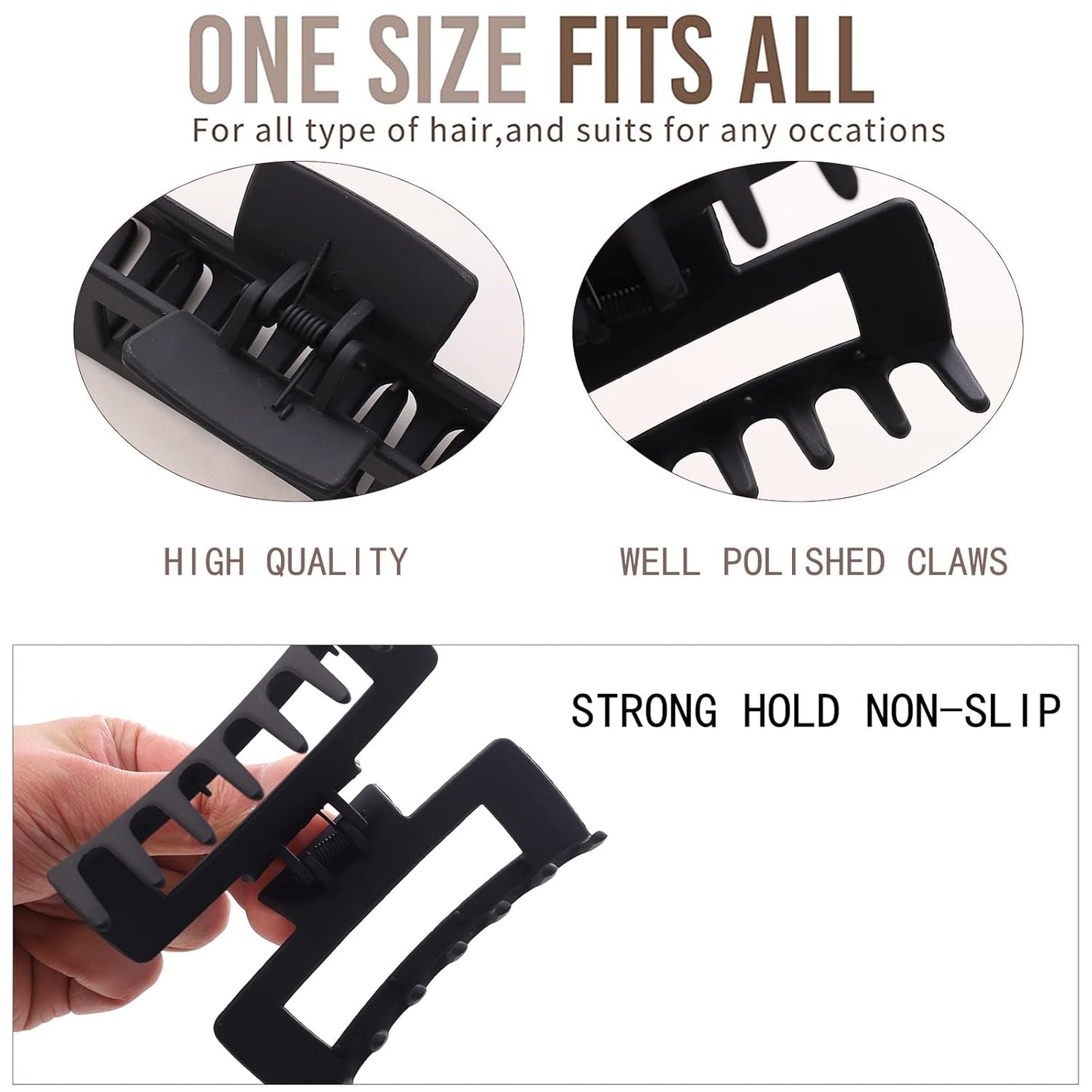 Black Square Claw Clips - 12 Pack Non-Slip Matte Hair Clips for Women | Strong Hold for Thick & Thin Hair