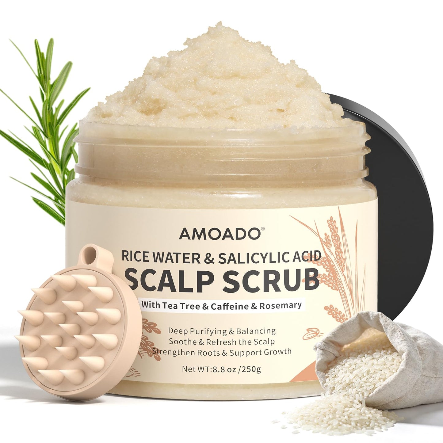 AMOADO Rice Water Scalp Scrub with Salicylic Acid(BHA), Tea Tree & Rosemary – Gentle Exfoliating Scalp Scrub Shampoo for Dandruff, Removes Buildup, Controls Oil & Refreshes the Scalp, 8.8 oz