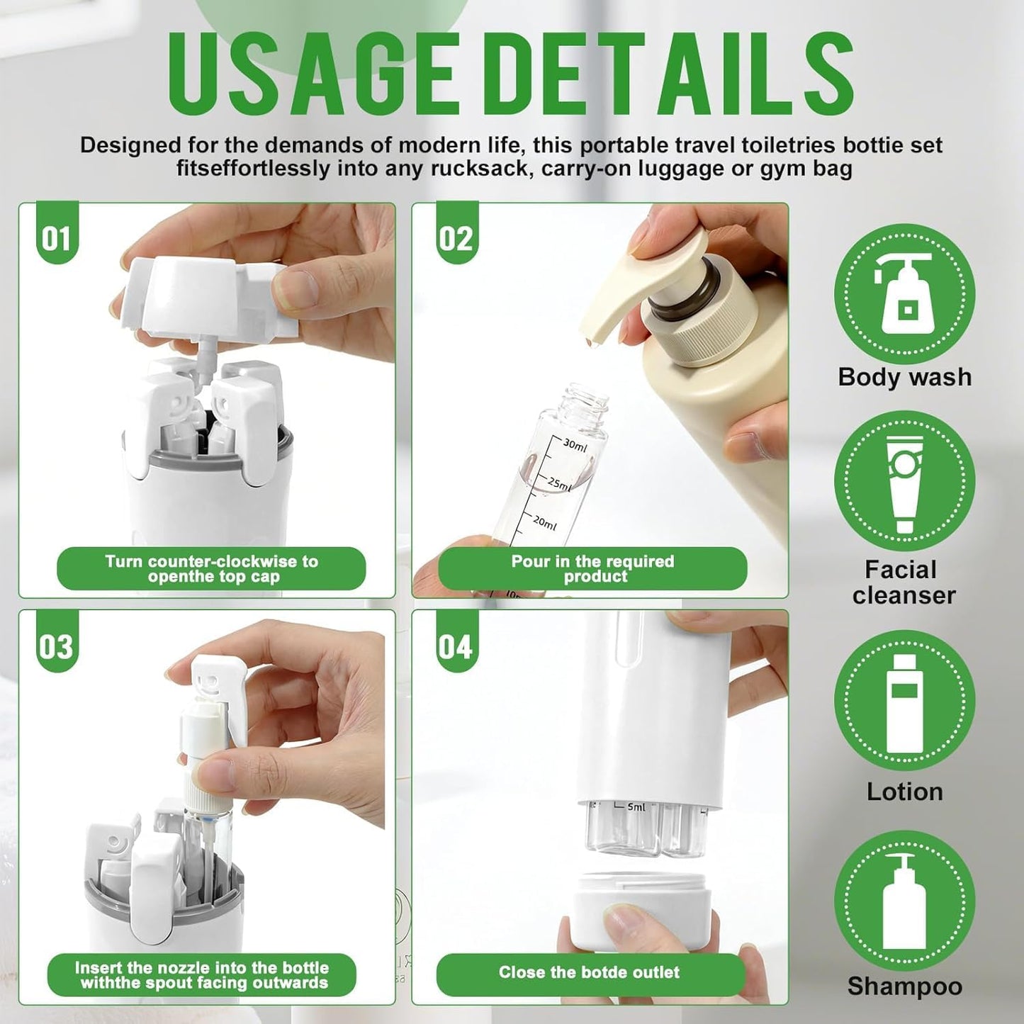 Travel Dispenser Set - 4 Pack 30ML Refillable Toiletry Bottles | Leak Proof & Portable for Shampoo, Shower Gel, Travel (White)