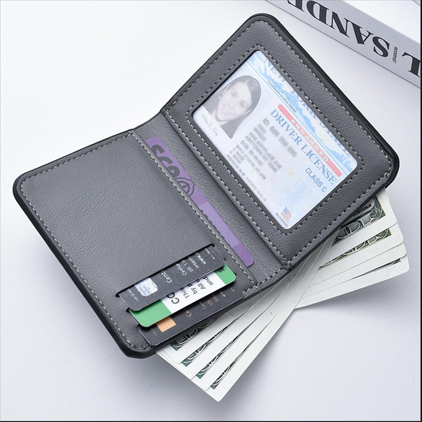 Slim Wallet for Men - Vertical Bifold PU Leather Wallet with Zipper Coin Pocket | Gray Card & Cash Holder