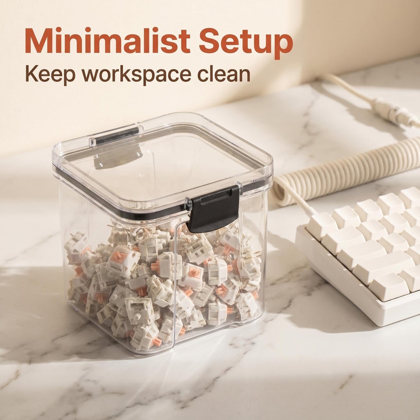 1 Pcs Clear Canisters with Airtight Lids, Square Dry Goods Storage Containers for Pantry, Mechanical Keyboard Switch Storage Box and Keycap Jar, Stackable Kitchen Food Storage Case, 700ml