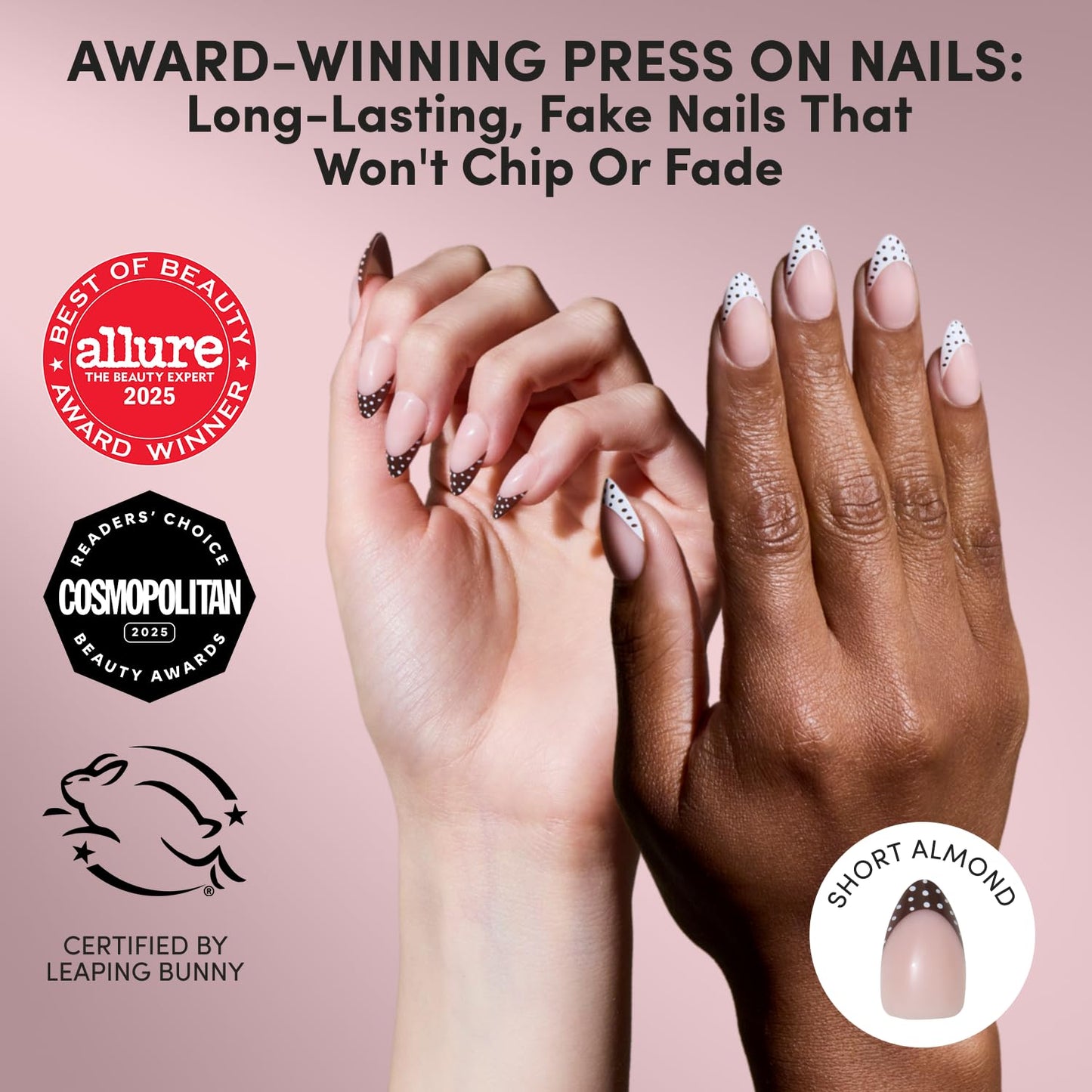 Glamnetic Press On Nails - Short Almond Polka Dot French Tips | Glossy Finish | 30 Nail Kit with Glue - 15 Sizes Available
