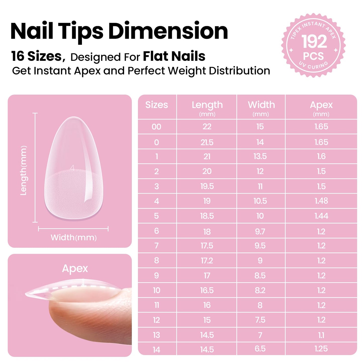 Beetles Tipex Lite Apex Nail Tips Kit, Short Almond, 192pcs 16 Sizes,with Solid Nail Glue, Base & Top Coat, Mini UV Lamp, Nail Clipper & Cuticle Nipper, for DIY Salon-look Extensions Kit