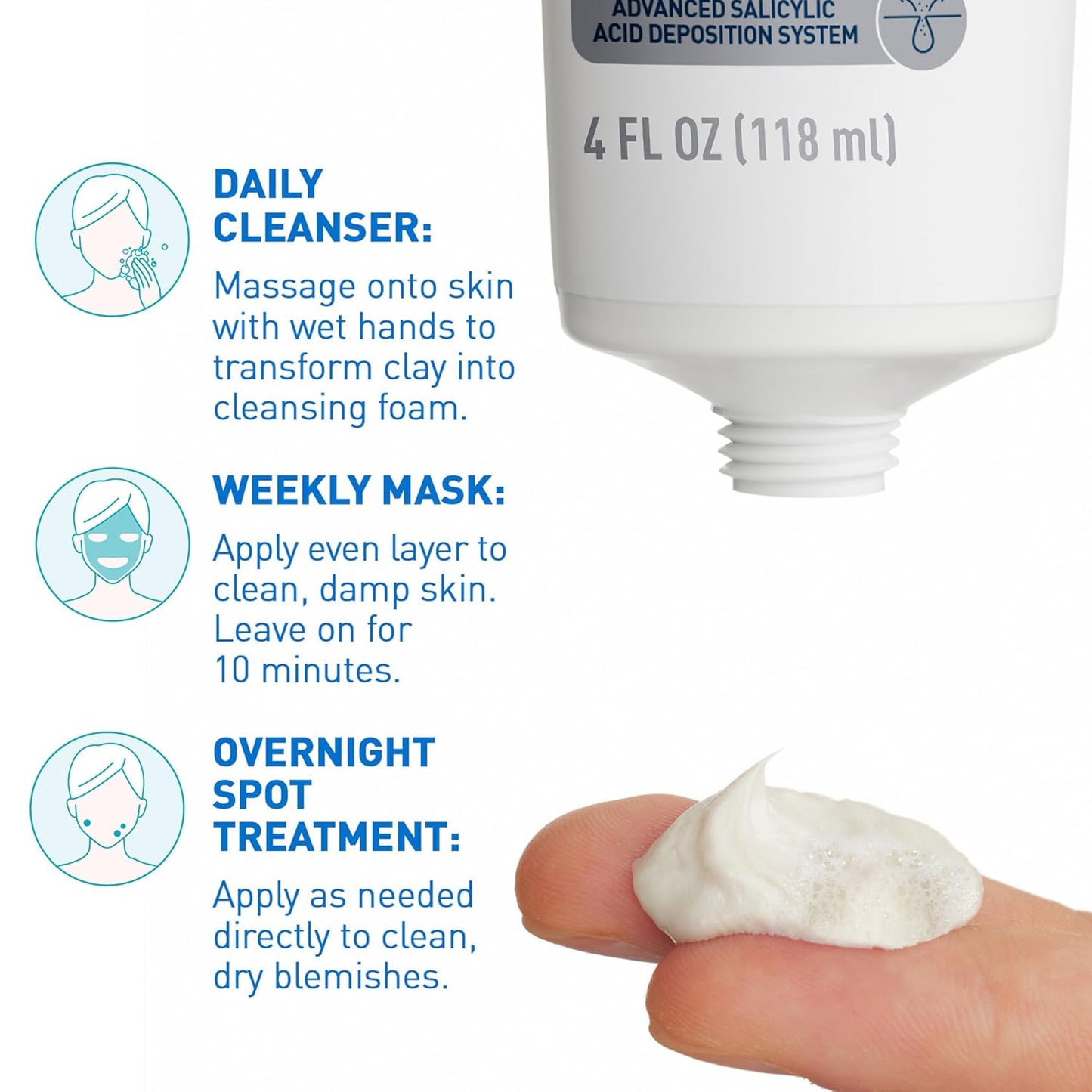 CeraVe Acne Face Wash - Salicylic Acid & Kaolin Clay Treatment | Clears Pimples & Blackheads, 4oz