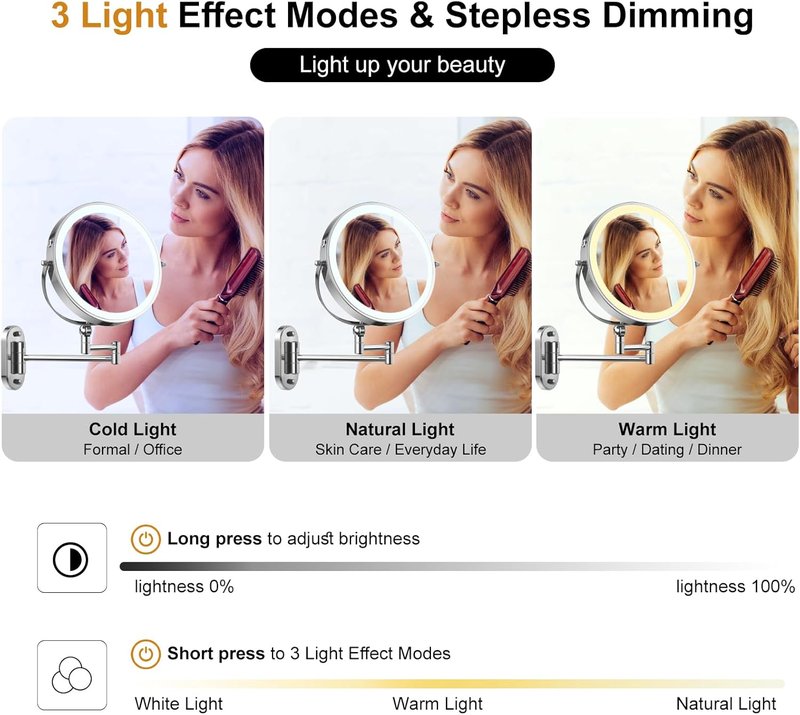 Lighted Makeup Mirror - 9" Wall Mounted 1X/10X Magnifying Mirror with 3 Color Lights & Touch Dimming | 4000mAh Rechargeable, 360° Rotation